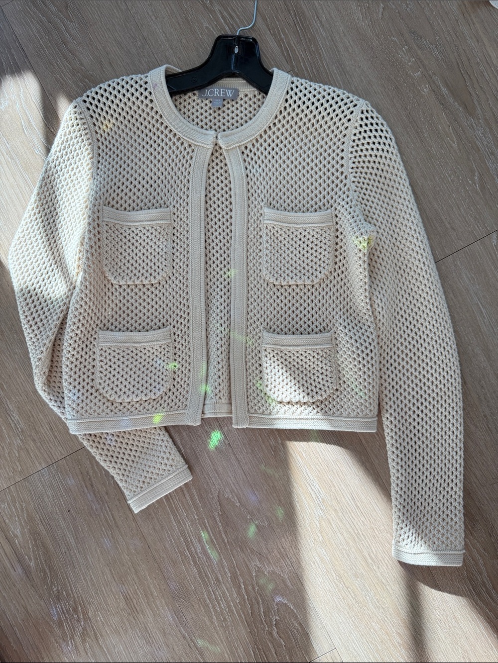 J. Crew Cream Open-Weave Cropped Cardigan with Patch Pockets